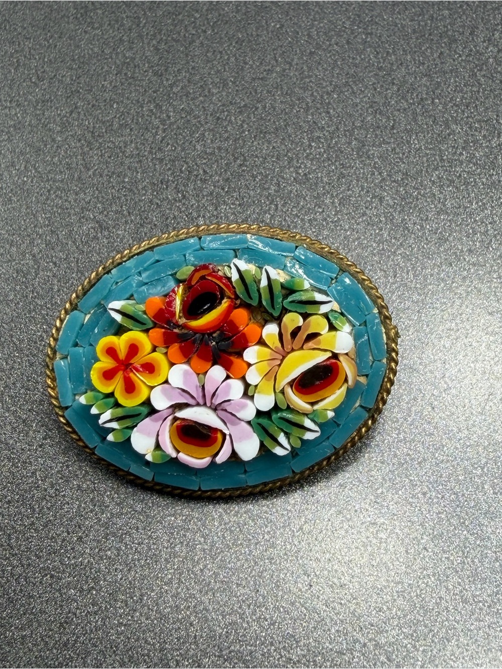 Vintage Oval Blue Mosaic Floral Brooch #36mo